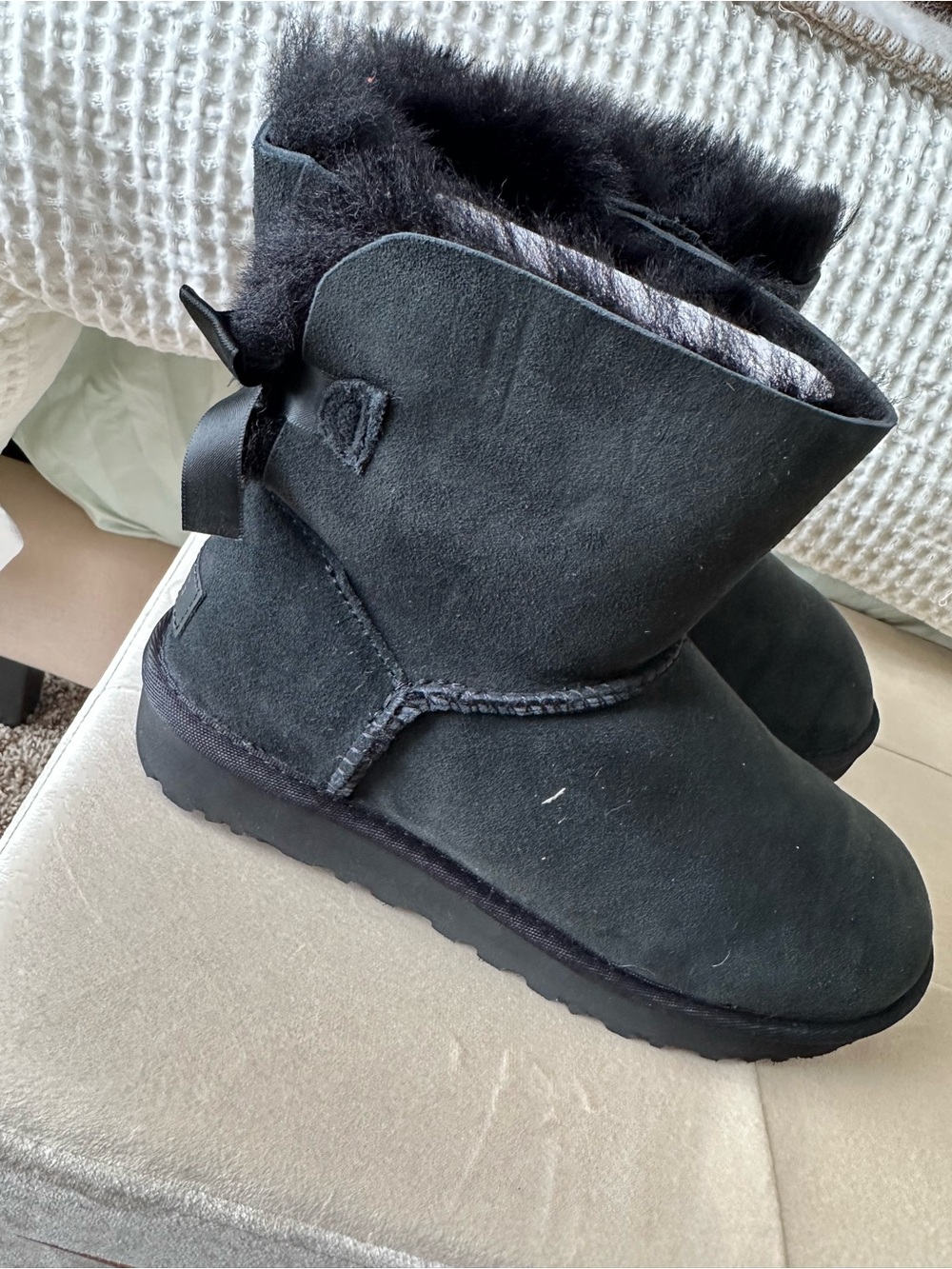 UGG Black Short Suede Shearling Bow Boots